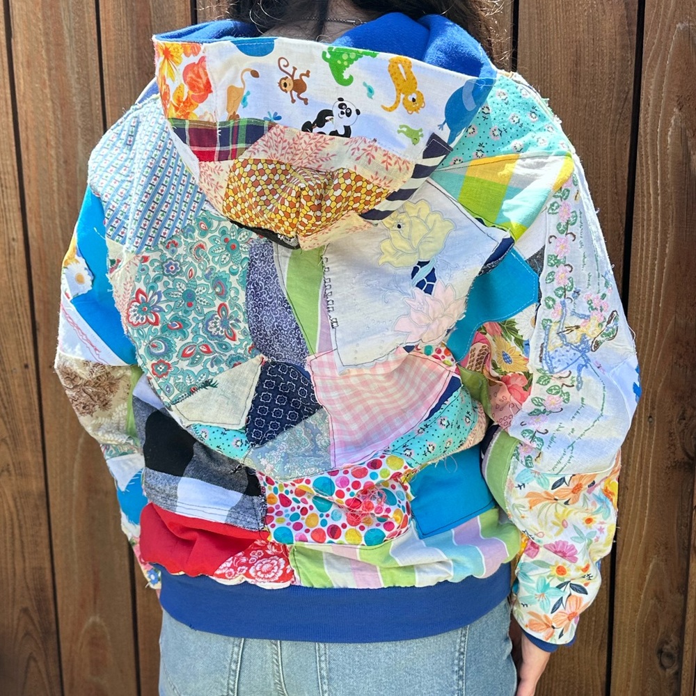 Hand crafted, patch work quieted hoodie.One of a kind!